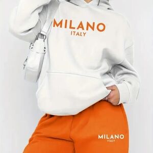 White Hoodie - Women’s Casual Pullover Sweater And Orange Pants